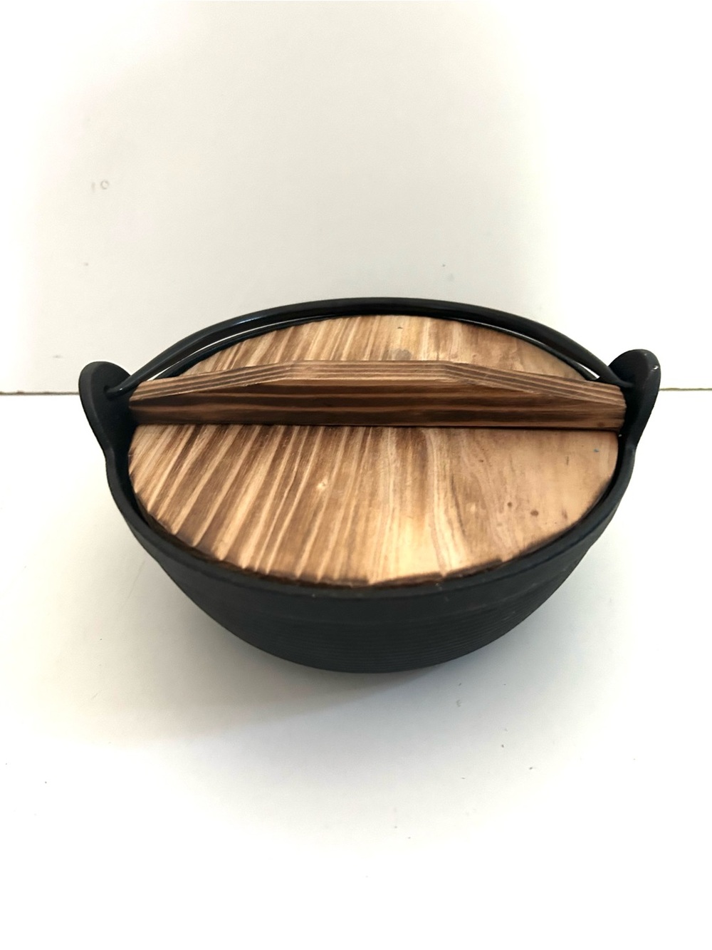Black Cast Iron Japanese Iwachu Pot with Wood Lid, Excellent Condition